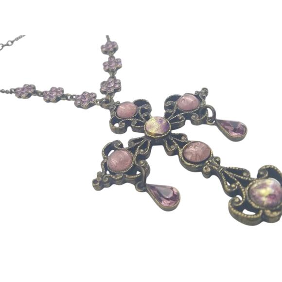 Vintage Nicky Butler Pink Moonstone Bronzetone Cross Statement Necklace in Box - Picture 6 of 12